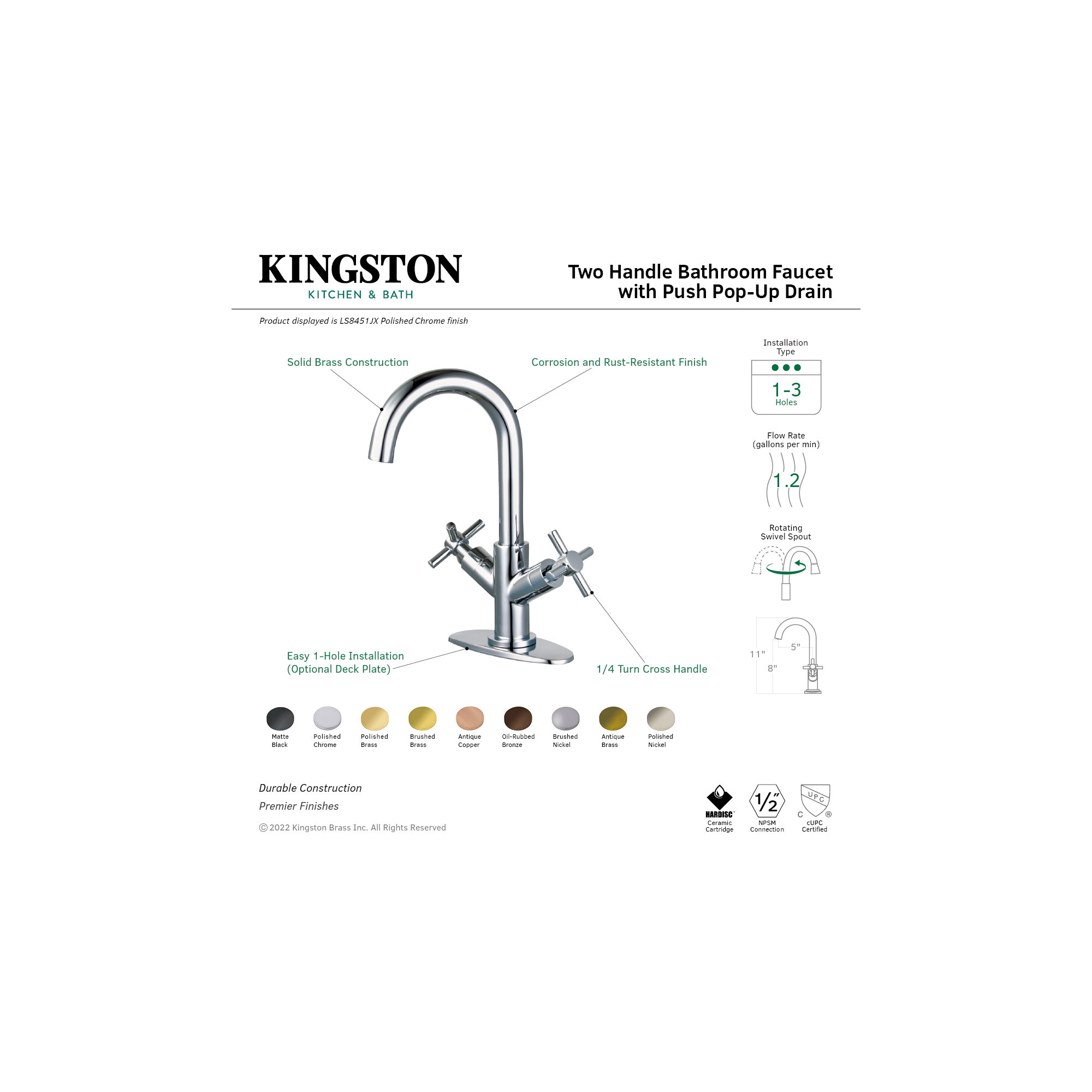 Kingston Brass Concord Two-Handle 1-Hole Deck Mount Bathroom Faucet with Push Pop-Up, Polished Nickel