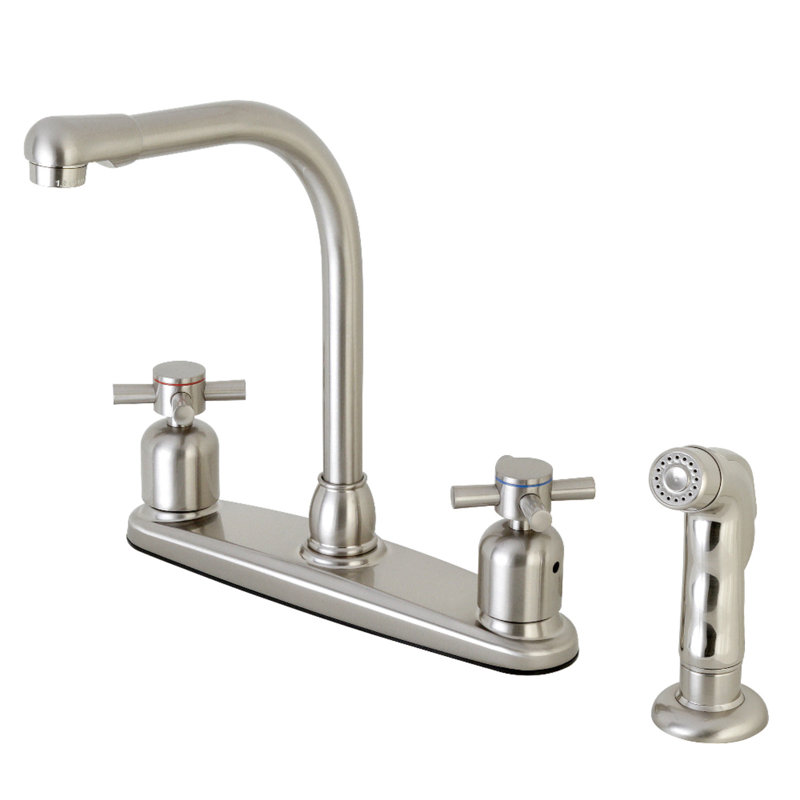 Kingston Brass Concord Two-Handle 4-Hole 8" Centerset Kitchen Faucet with Side Sprayer, Brushed Nickel