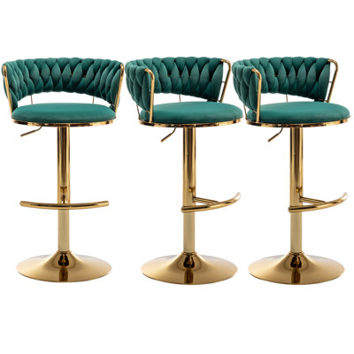 Swivel Bar Stools Set of 3, Counter Height Bar Stools with Low Back, Velvet Adjustable Height Barstools, Gold Bar Stools for Kitchen Island, Pub (Green)