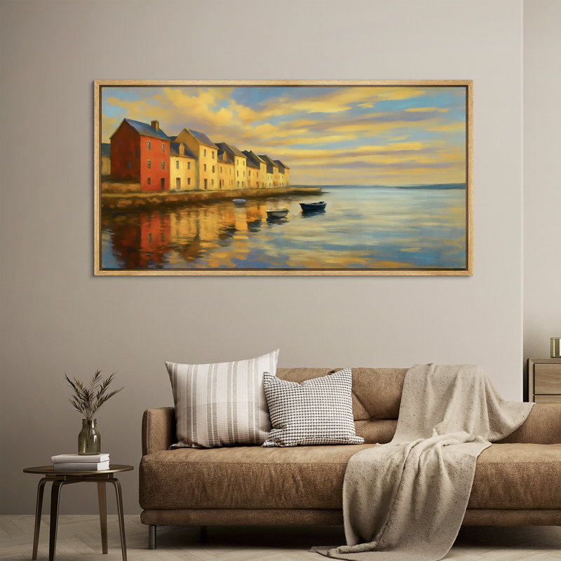 «Sunset Harbor Village», toile encadrée - Art mural de reflets côtiers dans des tons chauds, Naturel, H 30 po x l 60 po