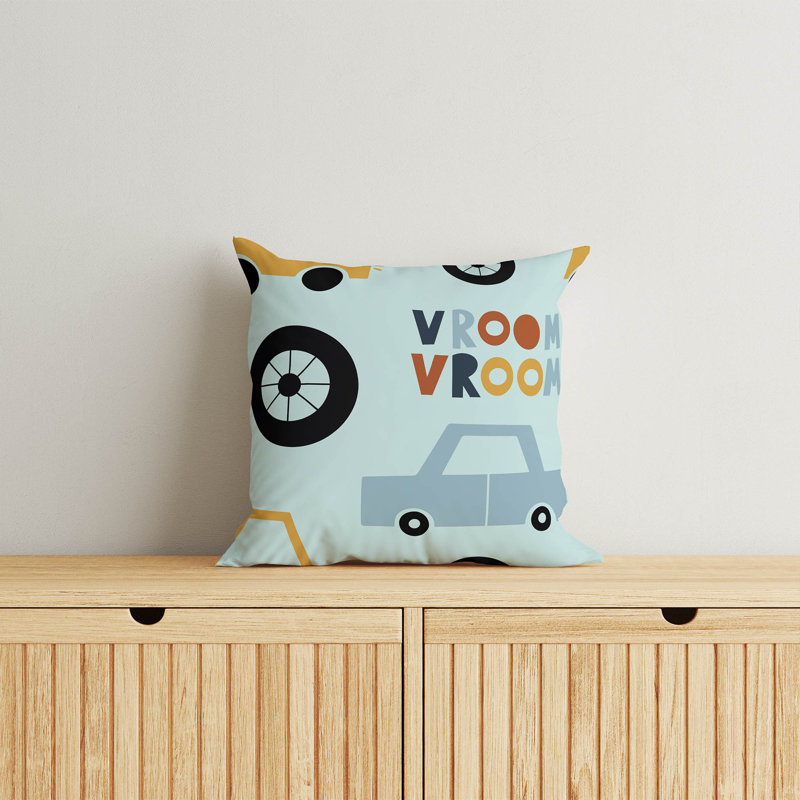 Coussin Vroom, H 20 po x l 20 po, Bleu clair / bleu / or / orange