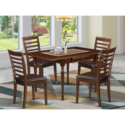 5 Piece Dinette Set for 4 Includes a Rectangle Dining Table with Dropleaf and 4 Linen Fabric Upholstered Dining Chairs, Mahogany
