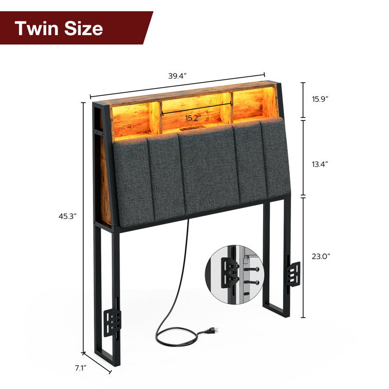 Tête de lit Wrought Studio™ pour lit simple avec rangement dissimulé et station de recharge, tête de lit ergonomique en lin rembourrée avec éclairage DEL, 2 prises électriques et 2 ports USB, cadre à fixer, montage facile, gris foncé