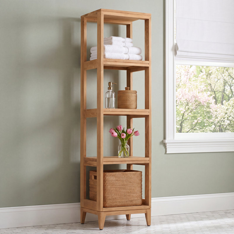 Sharon 16" W x 60" H Bathroom Shelf, Natural Teak