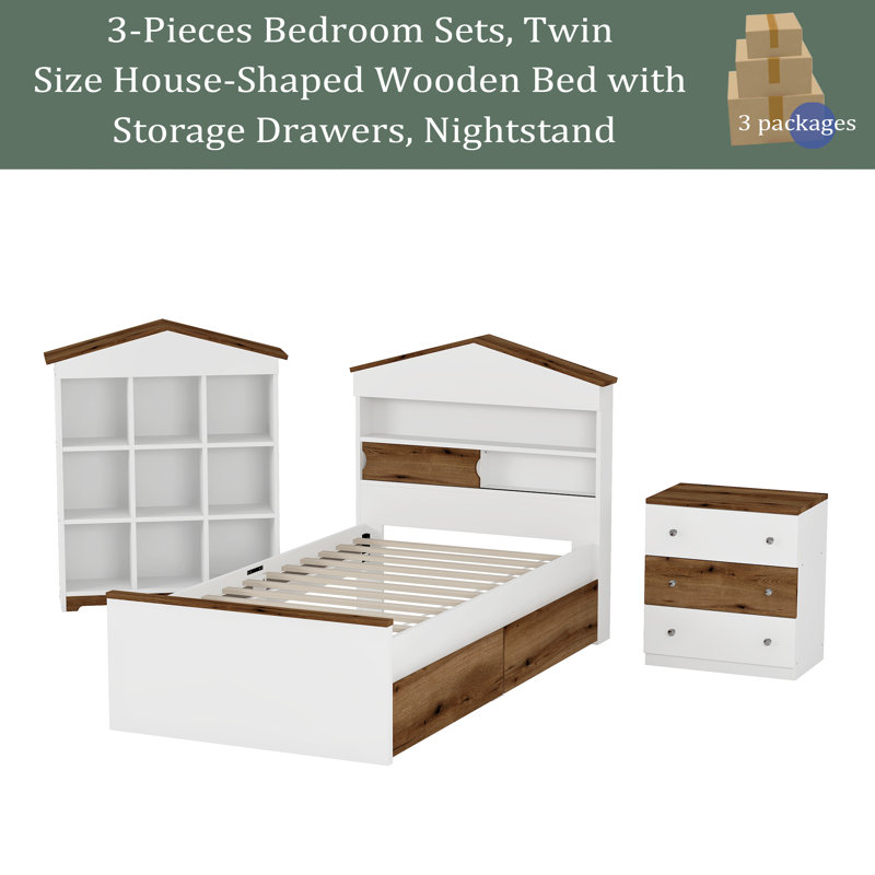 3-Pieces Bedroom Sets, Twin Size House-Shaped Wooden Bed With Storage Drawers, Nightstand With Colorblock Design And House-Shaped Stroage Rack
