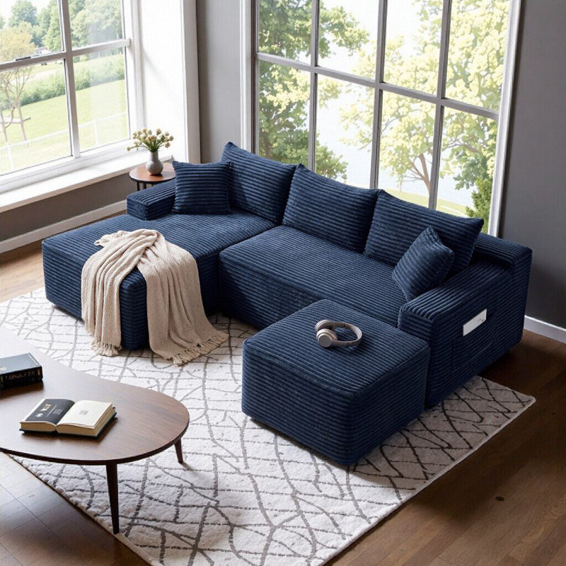 Canapé modulaire en U à assise profonde avec revêtement en velours côtelé moelleux, aucun assemblage requis, Bleu, 5