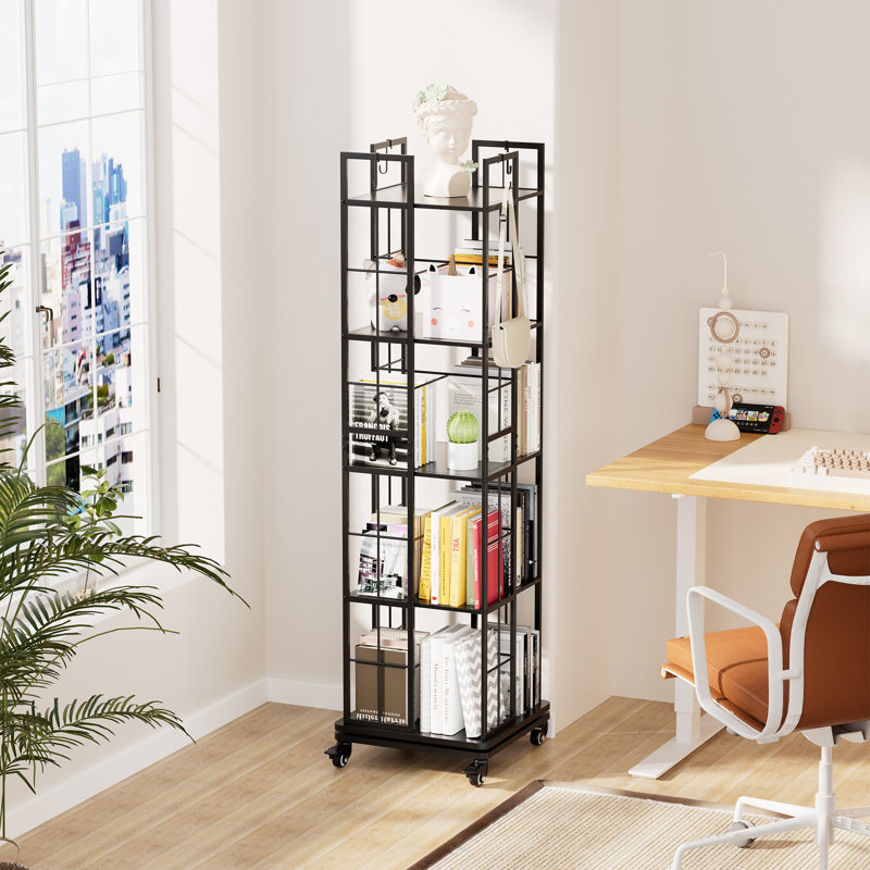5-Tier Rotating Corner Bookshelf with Wheels, 360° Spinning Square Storage Rack for Living Room,  Study & Bedroom