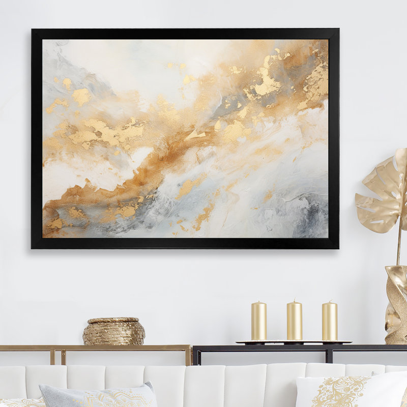 Géode de marbre magique doré et blanc III sur toile, Cadre photo noir, H 12 po x l 20 po x P 1 po