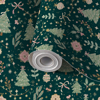 Family Renter Friendly Peel and Stick Wallpaper Roll Christmas holiday Christmas tree ornaments festive, Residue Free Removable Self Adhesive Wall Covering for Living Room Bedroom Kitchen Accent Wall
