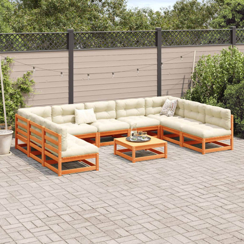 Ensemble de canapé de patio 10 pièces avec coussins en bois de pin brun massif