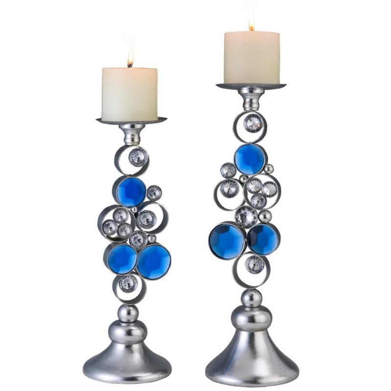 Ensemble de deux porte-bougies pilier de table bling argent et bleu