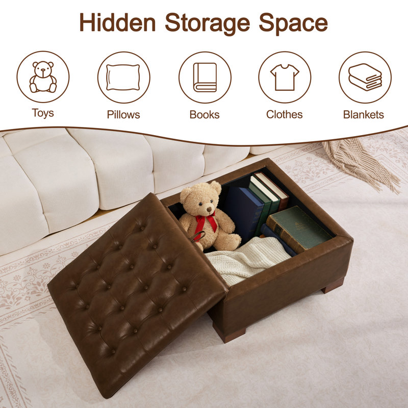 Repose-pieds de rangement carré capitonné de 29,5 po de largeur, H 17,7 po x l 29,5 po x P 29,5 po, Café