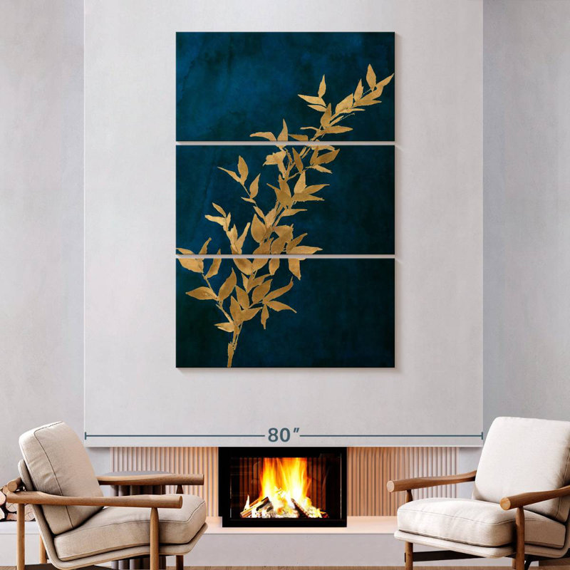 Harnek, feuilles d'or sur bleu marine II, H 74 po x l 48 po