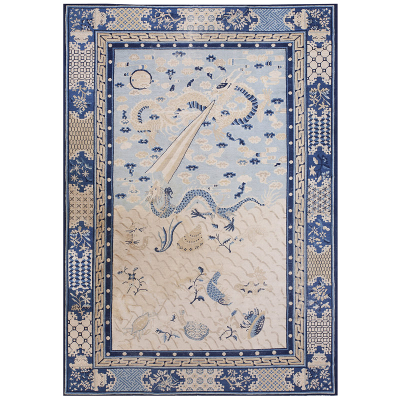 Antique Ivory Hallway Runner Wool Chinese - Peking 1890s Knotted Rectangle Rug