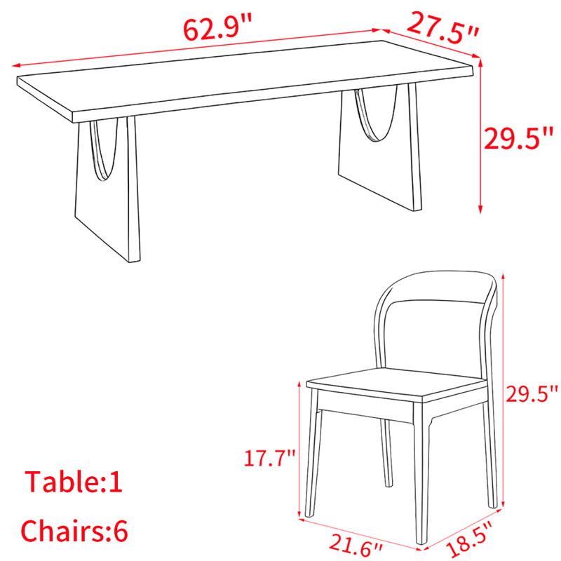American style solid wood retro table set, 29.5"H x 62.9"L x 27.5"W