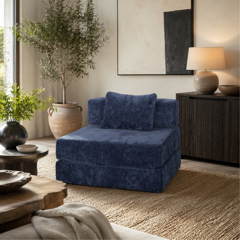 Canapé à compression, canapé-lit convertible au sol avec structure de forme fixe, canapé modulaire à assise simple sans os, sans assemblage requis, tissu chenille, pour la chambre du salon, bleu foncé