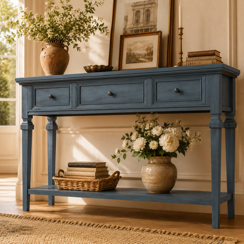 Console rétro Velmont 50 po avec 3 tiroirs et tablette inférieure, table d'entrée en bois massif avec poignées en métal vintage, meuble de rangement pour salon ou couloir.
