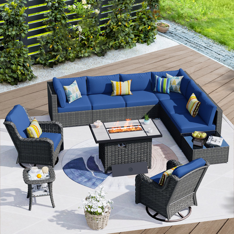 8 - Person Modular Patio Conversation Set with Cushions, Navy Blue