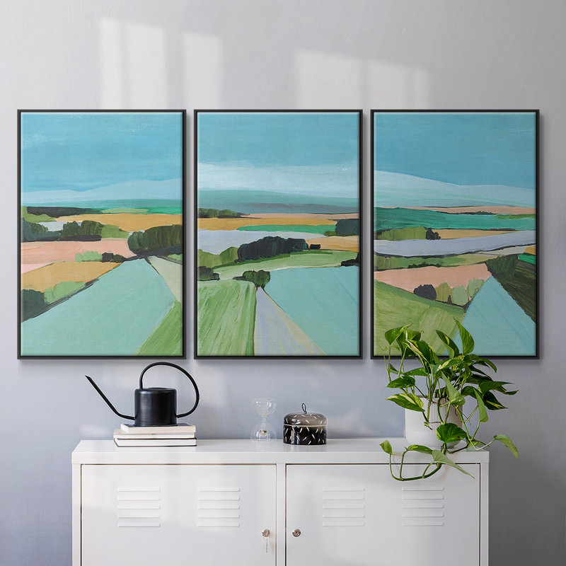 «Bright Coloured Countryside I», reproduction sur toile 3 pièces, H 27 po x l 54 po x P 2 po, Cadre noir