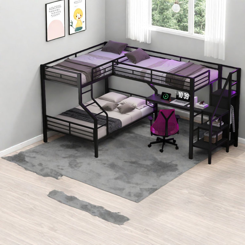 Lits superposés en forme de L en métal avec rangement et bureau
