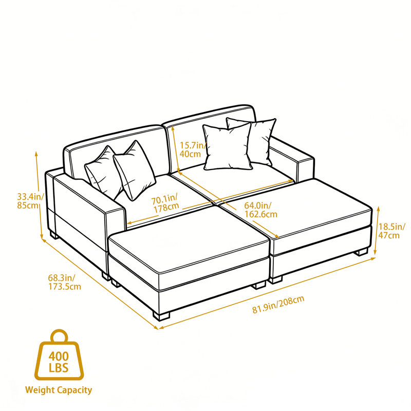 4 - Piece Upholstered Offwhite Chenille Modular Sectional Sofa with Throw Pillows & Removable Ottomans, Off White Chenille
