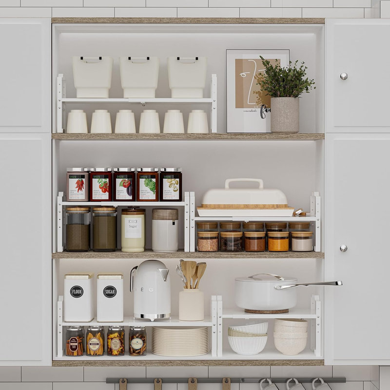 Organisateur de tablette d'armoire extensible et empilable - Support de rangement de cuisine et de salle de bain réglable pour le comptoir, le garde-manger et le rangement