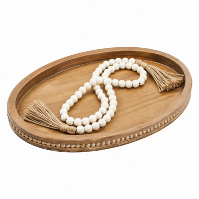 Oval Wood Decorative Tray With 58" Bead Garland Farmhouse Coffee Table & Kitchen Island Decor