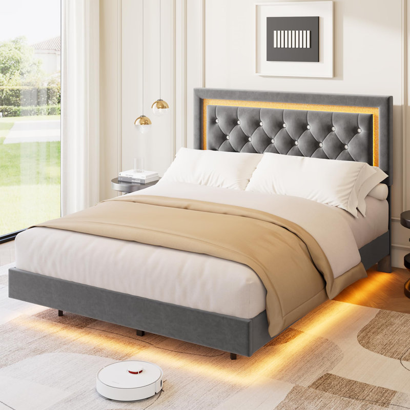 Base de lit plateforme flottante avec lumières DEL intelligentes et tête de lit à losanges supportant les lattes de bois sans sommier nécessaire Assemblage facile et silencieux