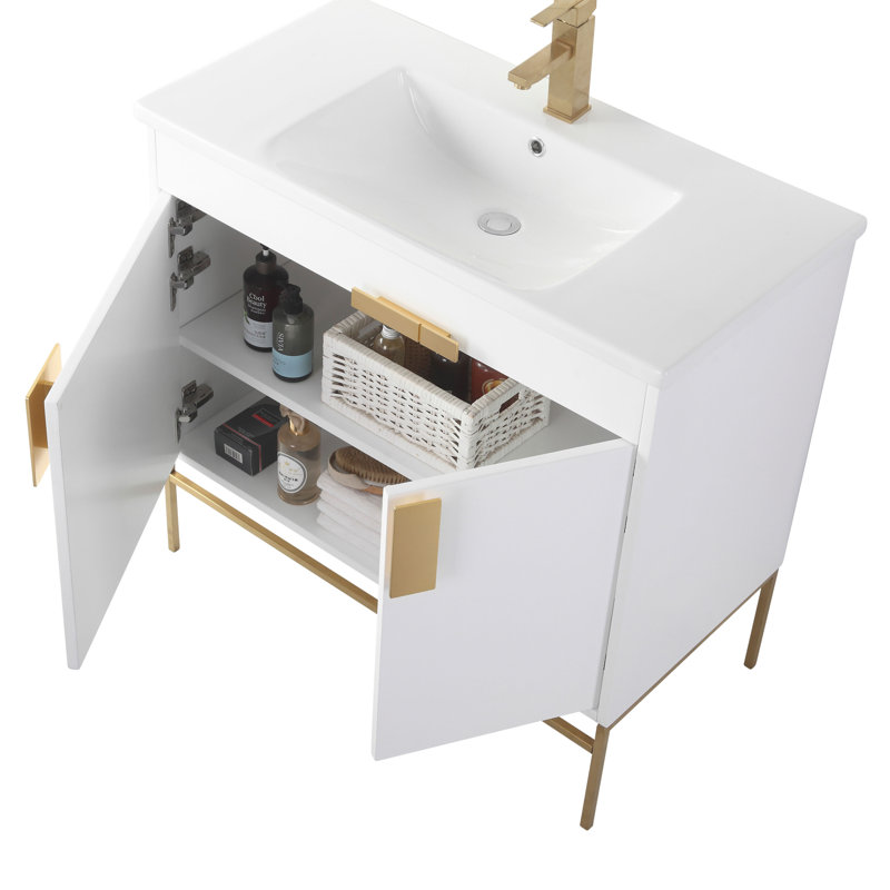 Ensemble de meuble-lavabo simple 36 po Maisie, Peint blanc mat, Laiton satiné