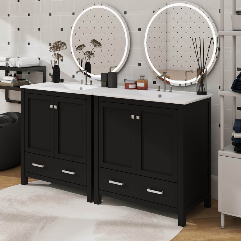 Ensemble de meuble-lavabo de salle de bain 60 po, Noir, Argent argent