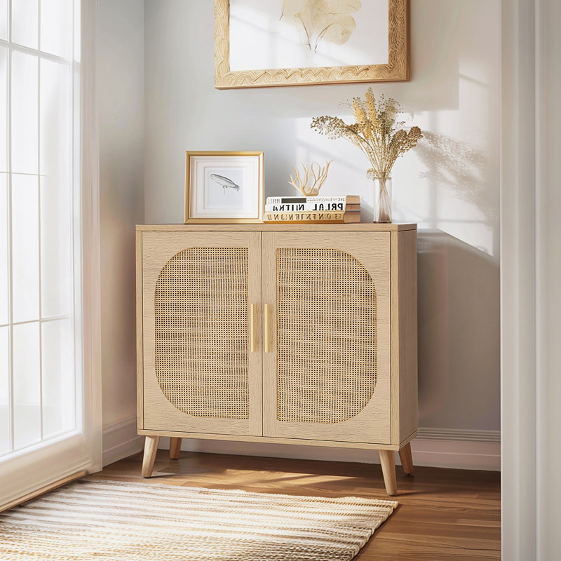  Buffet avec rangement et pieds en bois massif, Beige