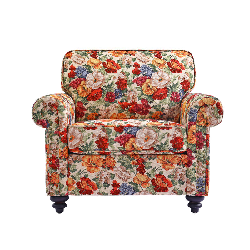 Upholstered Cotton Blend and Herringbone Armchair, Beige Floral