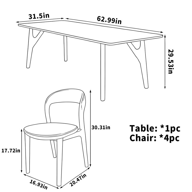 Table de salle à manger en bois de frêne, H 29,53 po x L 62,99 po x l 31,5 po