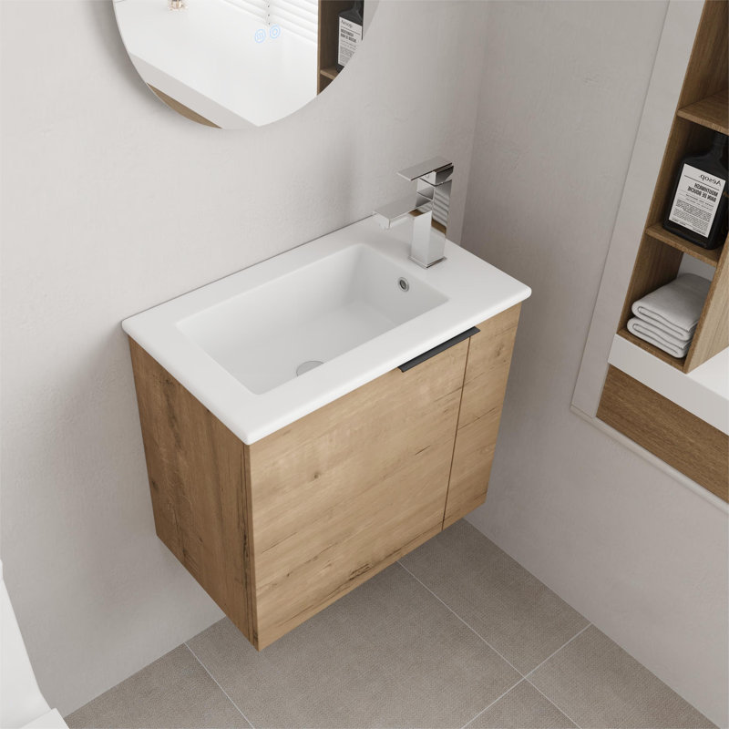 Meuble-lavabo flottant simple 22 po avec comptoir en céramique Finli, Brun