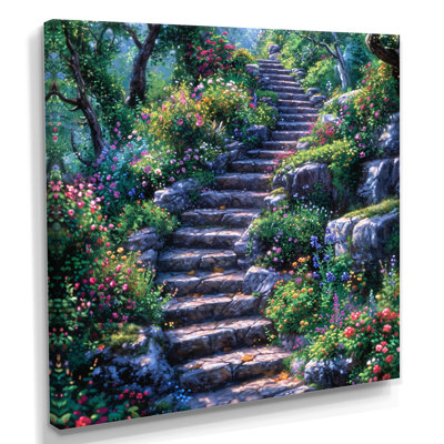 «Country Side Stairs With Blossoming Flowers», impression d'art mural champ de fleurs