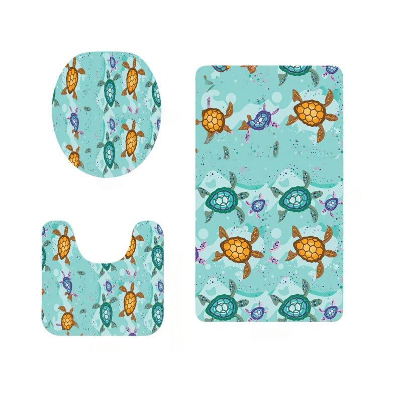 Ensemble de 3 tapis de salle de bain colorés à motif de tortue de mer, Blue/Brown Sea Turtle