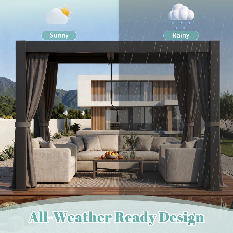 10 x 10 Ft Aluminum Louvered Pergola with Curtain, Outdoor Patio Gazebo with Adjustable Rainproof Louver Roof for Deck Backyard Garden