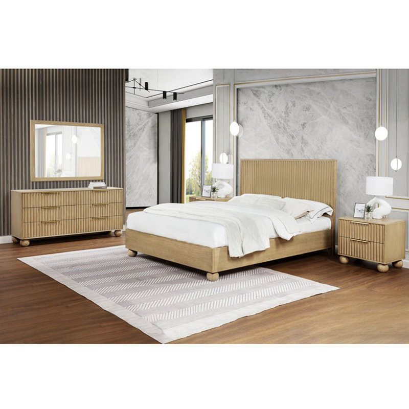 Ensemble de meubles de chambre à coucher en bois de chêne moderne 5 pièces, lit plateforme très grand californien, miroir de commode et table de chevet 2X