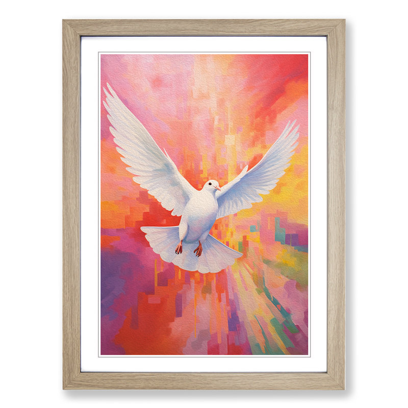 Dove Bird Colour Field - Single Picture Frame Print on Wood, 34cm H x 25cm W x 2cm D, Oak