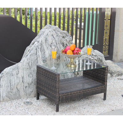 Table basse d'extérieur en verre trempé transparent brun, 34,6 x 20,5 x 17,7 pouces, protégée, à assembler en douceur Patio avec verre, intempéries, guide simple