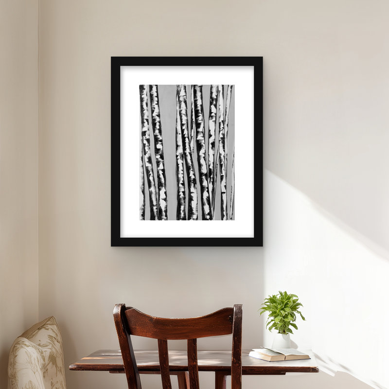 Birches Intersecting - Contemporary, impression encadrée noire, H 20 po x l 16 po, Noir