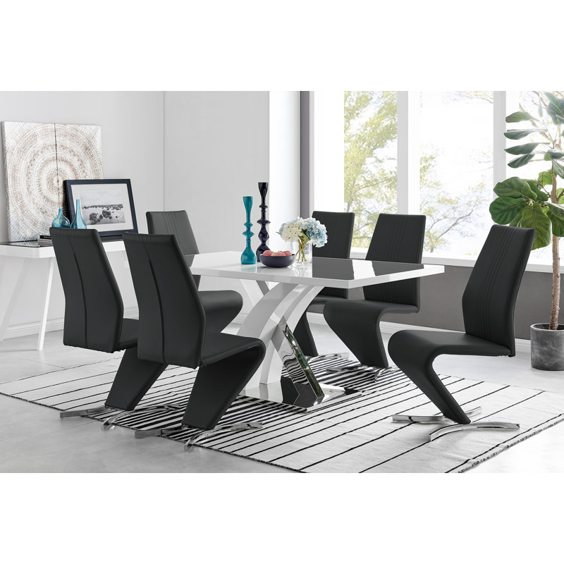 Marietta Chrome Metal and White High Gloss Dining Table Set - 6 Luxury Modern Dining Chairs, Black