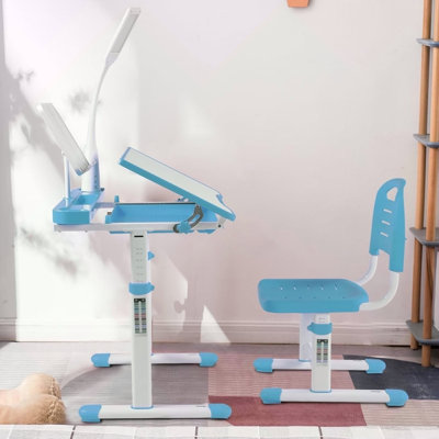 Desk For Kids Desk And Chair Set Kids Art Desk Drafting Table Desk Set With Adjustable Height, 40-Degree Tiltable Children Desktop, LED Light,Bookstand,Blue