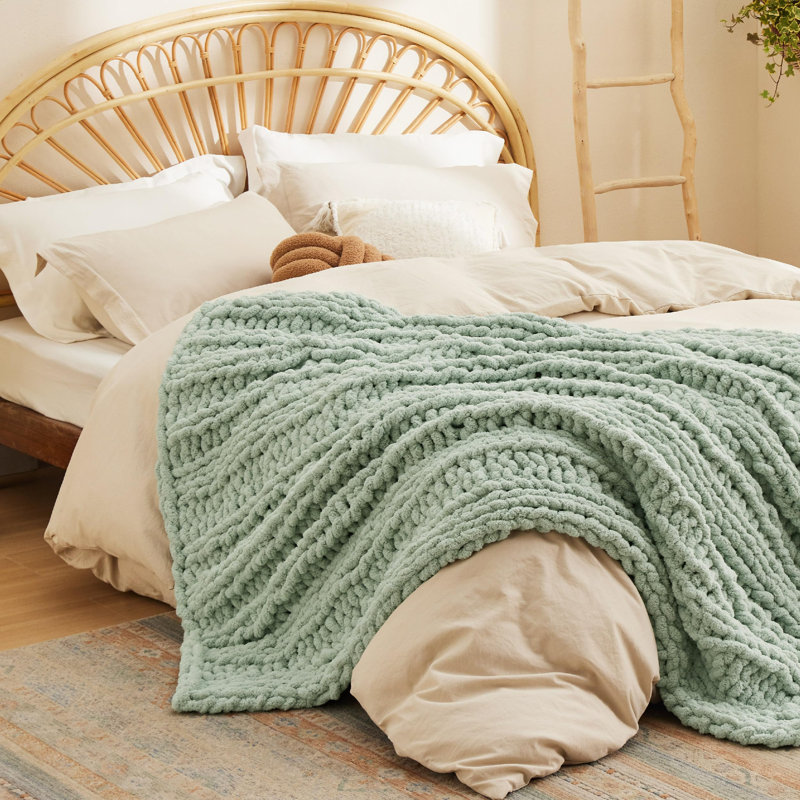 Bedsure 100% Hand Knit Chenille Chunky Throw Blanket For Couch, Sage Green