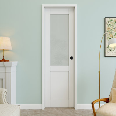 28" x 80" Half-Lite Frosted Glass Interior Prehung Door with Round Knob and Black Hinges, Privacy Glass Door Slab, Paintable & Waterproof, Suit for Laundry, Closet Doors, Room Doors, Left Hand
