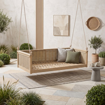 Balancelle simple en bois d'acacia avec de longues cordes de suspension pour la cour, le porche, la piscine ou le jardin