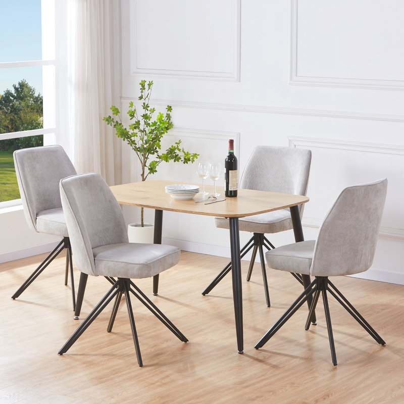 Aspen Rectangular Dining Table with 4 Swivel Upholstered Fabric Chairs - Modern Dining Set, Light Oak, Light Grey