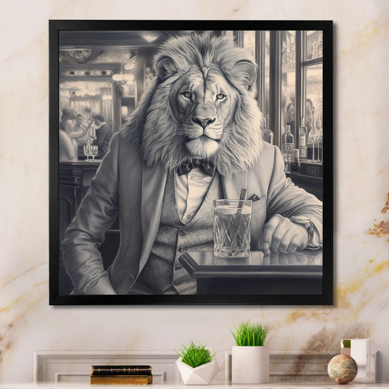 Lion ayant une boisson sur toile, H 36 po x l 36 po x P 1,5 po, Cadre simple noir