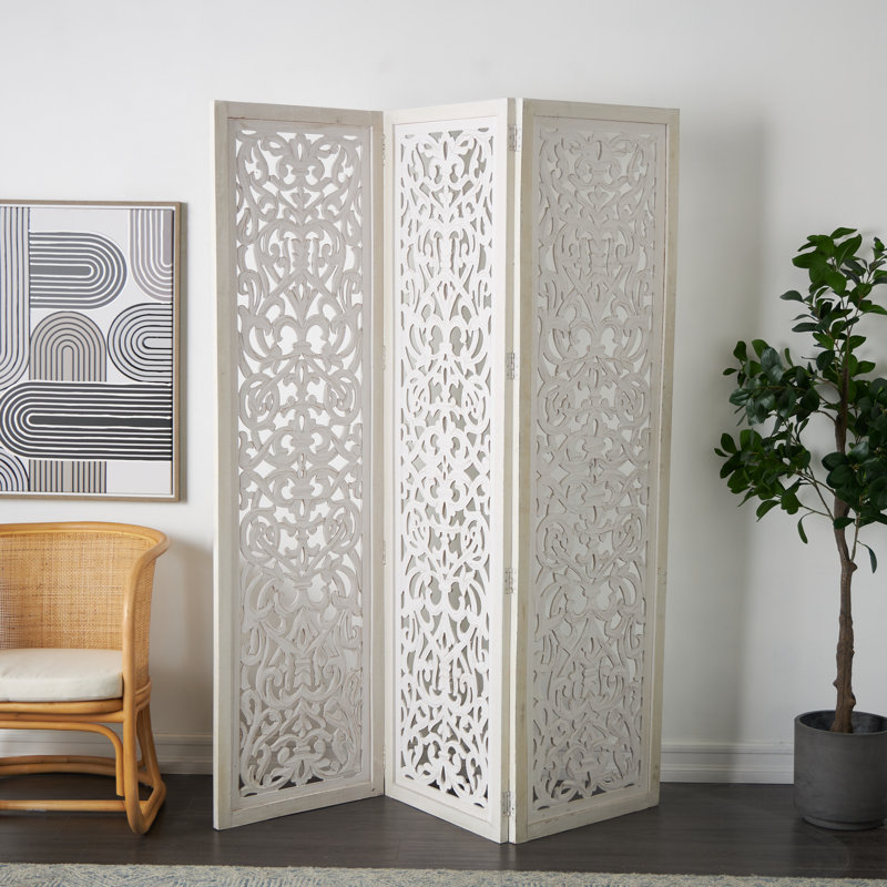 Wooden Handmade Hinged Foldable Partition 3 Panel Floral Partition Room Divider Screen