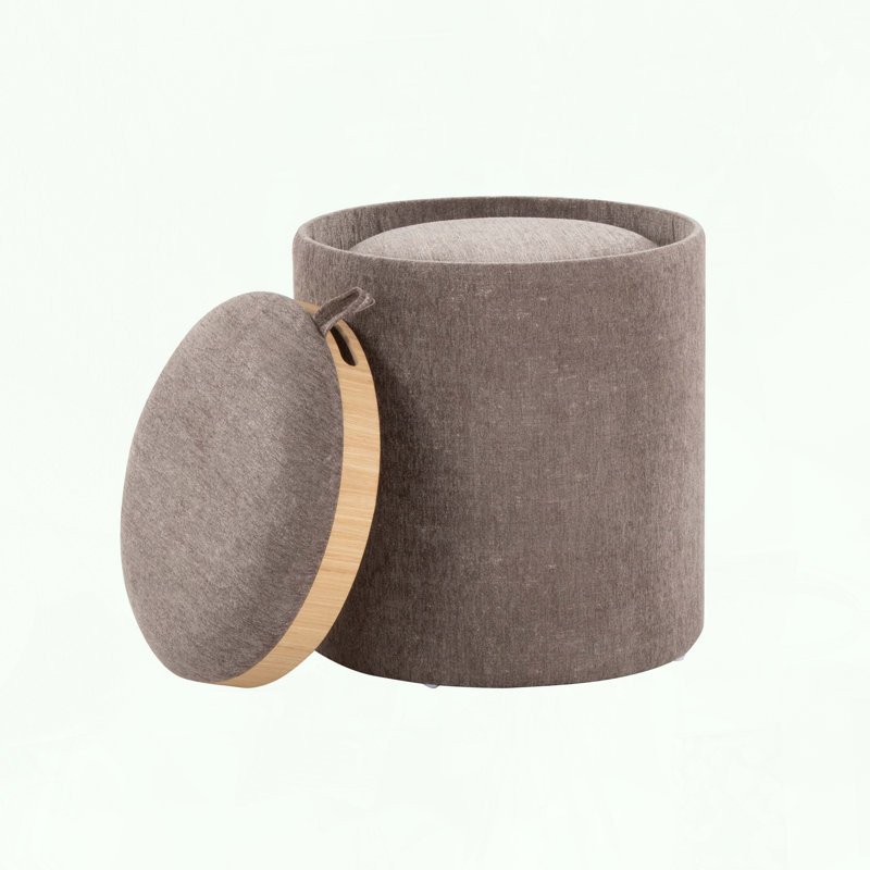 Contemporary Nesting Ottoman Set in Fabric and Natural Wood, Brown